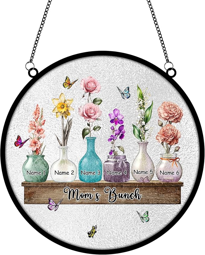 Personalized Mother's Day Suncatcher, Custom Name Birth Month Flowers Mom’s Bunch Window Hanging, Mothers Day Christmas Birthday Gifts for Mom from Daughter Son (Style 02)