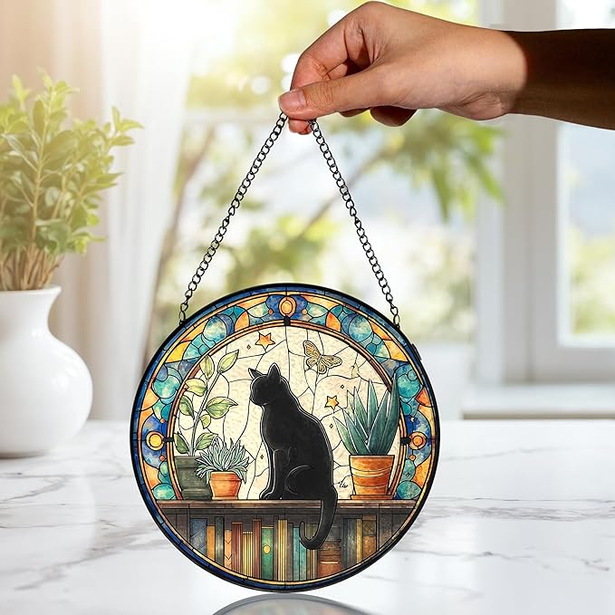 Black Cat Stained Glass Window Hanging, Book Lovers Suncatchers Sun Catchers Indoor Window Glass Wall Art, Book Reader Gifts, Black Cat Round Wall Hanging Decor, 7.9x7.9in,