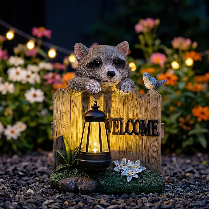Solar LED Garden Statue with Raccoon and Welcome Sign, Outdoor Decorative Lantern with Bird and Flowers for Porch, Patio or Yard