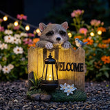 Solar LED Garden Statue with Raccoon and Welcome Sign, Outdoor Decorative Lantern with Bird and Flowers for Porch, Patio or Yard