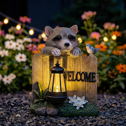 Solar LED Garden Statue with Raccoon and Welcome Sign, Outdoor Decorative Lantern with Bird and Flowers for Porch, Patio or Yard
