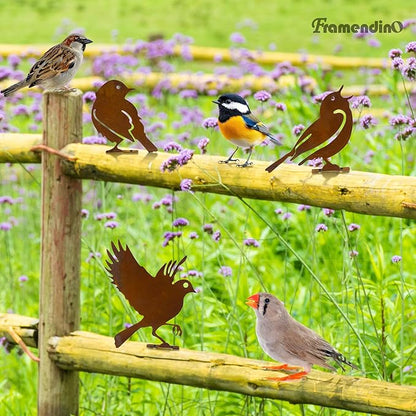 Framendino, 5 Pack Rusty Birds Decoration Metal Yard Art Bird Ornaments Decor for Fence Topper Garden Decorations