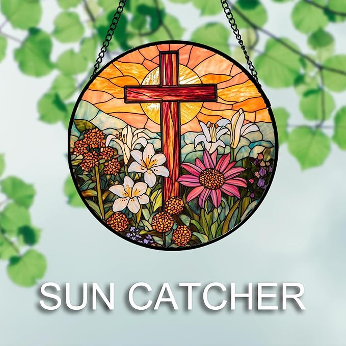 Christian Gifts for Women - Cross Stained Glass Window Hanging Easter Flower Sunset Landscape Sun Catcher Garden Religion Decor Mother's Day Catholic Gift for Men Grandma Mom Her Nana 15"