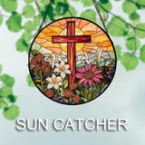 Christian Gifts for Women - Cross Stained Glass Window Hanging Easter Flower Sunset Landscape Sun Catcher Garden Religion Decor Mother's Day Catholic Gift for Men Grandma Mom Her Nana 9.8"