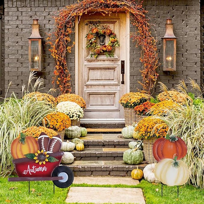 YEAHOME Fall Decorations Outdoor, Stacked Pumpkin Football Wheelbarrow Decorative Garden Stakes, Autumn Metal Cart Yard Signs for Home Outside Garden Lawn Porch Decor, Thanksgiving Decorations