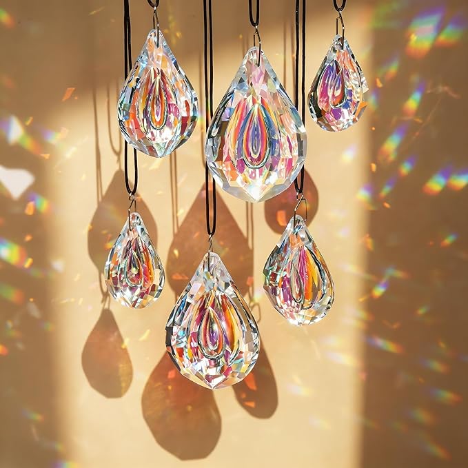 kanpura 6 Pcs Crystal Sun Catcher Prisms AB Colored Hanging Suncatchers with Glass Prism Rainbow Maker for Room, Garden Fantasy Aesthetic Home Decor