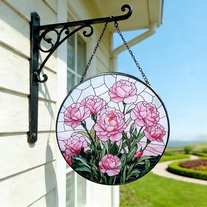 Stained Glass Window Hanging Suncatcher, Handmade 7.8 in Pink Carnation Sun Catcher for Home Garden Decor, Gift for Women Friends Grandma Mom Sister, Mother's Day, Birthday, Anniversary