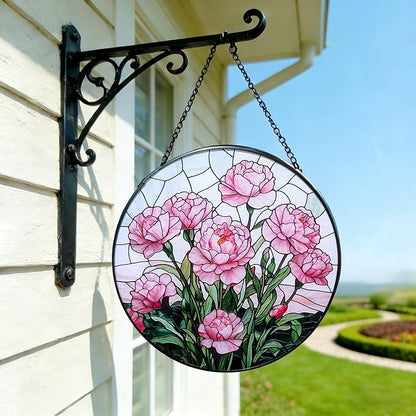 Stained Glass Window Hanging Suncatcher, Handmade 7.8 in Pink Carnation Sun Catcher for Home Garden Decor, Gift for Women Friends Grandma Mom Sister, Mother's Day, Birthday, Anniversary