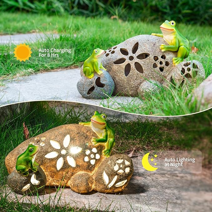 Solar Frogs Garden Statues Frog on Stone Figurine with LED Lights Outdoor Porch Patio Lawn Yard Art Home Decoration Christmas Birthday Housewarming Gifts for Mom Women