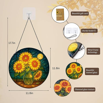 Stained Glass Window Hanging,Sunflower Sun Catchers Stained Glass Panels for Indoor Windows Wall Art Decor, Memorial Gift for Mom Women Wife Men Lovers (11.8inch)