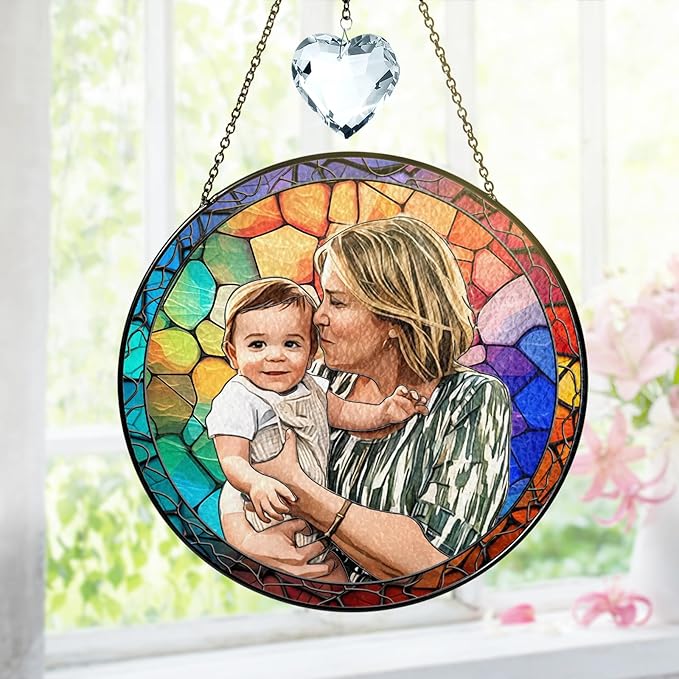 VINATIMES Personalized Grandma Stained Glass Suncatcher, Photo Family Faux Stained Glass Window Hanging Ornament, Custom Grandparent Day 2025 Gifts for Grandma, Birthday Gift for Dad, Grandpa