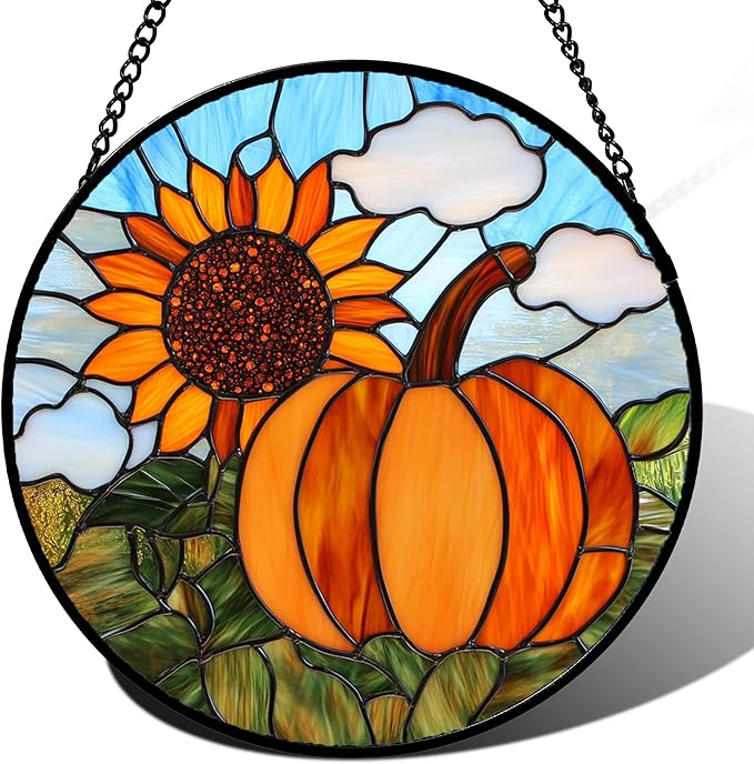 DASTOLL Stained Glass Window Hanging Fall Farm Scenery Sunflower Pumpkin Large 11.8" - Suncatcher Door Garden Kitchen Sunroom Sun Catcher Home Decor Birthday for Mom Grandma Men Woman