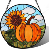DASTOLL Stained Glass Window Hanging Fall Farm Scenery Sunflower Pumpkin 6.3" - Suncatcher Door Garden Kitchen Sunroom Sun Catcher Home Decor Birthday for Mom Grandma Men Woman