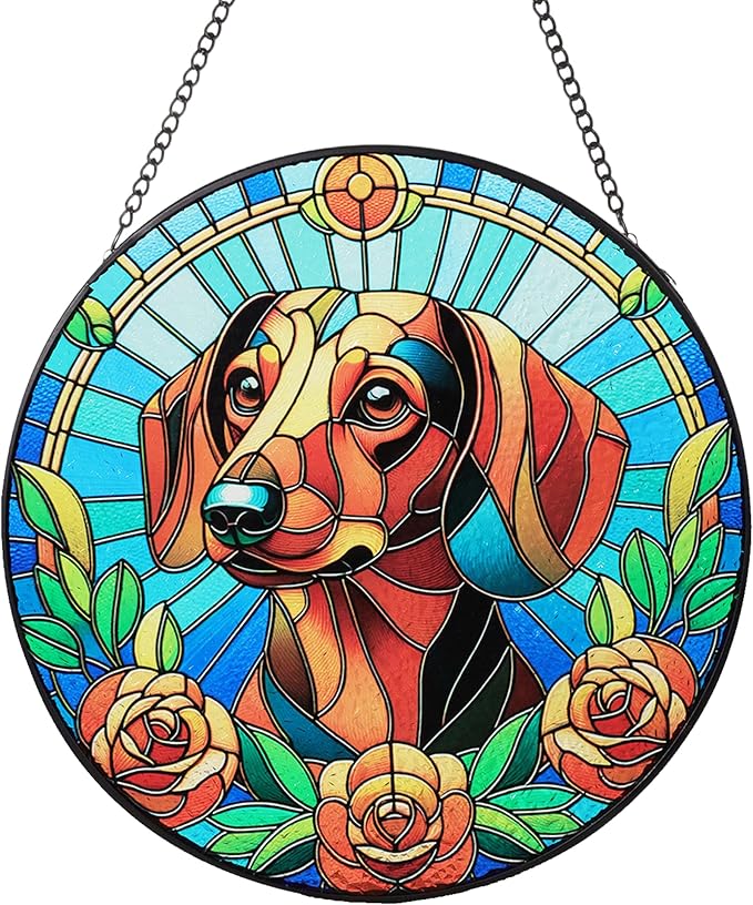 Stained Glass Dog Memorial Suncatcher,Dachshund Window Hanging,Sympathy Gifts for Pet Loss,7.9 inch/20 cm Home and Garden Decor for Dog Lovers