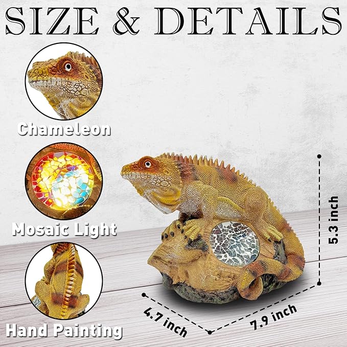 Solar Chameleon Garden Statues Decor for Outdoor, Khaki Chameleon Figurine Lights for Lawn Patio Yard Decoration - Unique Christmas Housewarming Gifts for Grandma Wowen Mom