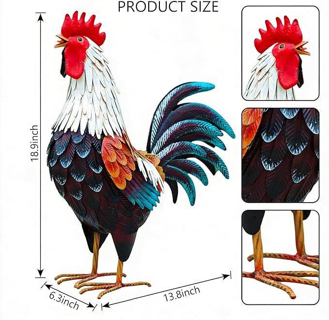 chisheen Metal Rooster Decor,Yard Chicken Decorations,Outdoor Garden Statues, Metal Chicken Sculpture for Backyard Patio Kitchen Decor & Lawn Ornaments