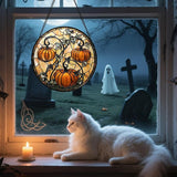 DASTOLL Stained Glass Window Hanging - Halloween Decoration Orange Pumpkin Vine Leaves Suncatcher for Door Garden Spooky Sun Catchers Gothic Decor Horror Gifts for Women Men Friend Boy Girl 7.8 in
