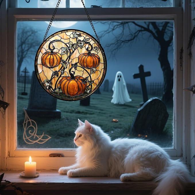 DASTOLL Stained Glass Window Hanging - Halloween Decoration Orange Pumpkin Vine Leaves Suncatcher for Door Garden Spooky Sun Catchers Gothic Decor Horror Gifts for Women Men Friend Boy Girl 9.8 in