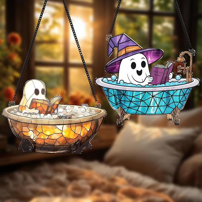 2 Boo Bathtub Acrylic Suncatchers, Gothic Cute Ghost Reading Book Window Hanging 6" Ornaments, Halloween Horror Home Decor Witch Handmade Wall Art, Gift for Women Mom Friends Family