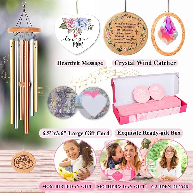 Wind Chimes for Mom, 32" Unique Tri-Gold Rose-Themed Wind Chimes for Mom, Windchimes Outdoors Deep Tones Soothing Melody, Gifts for Mothers