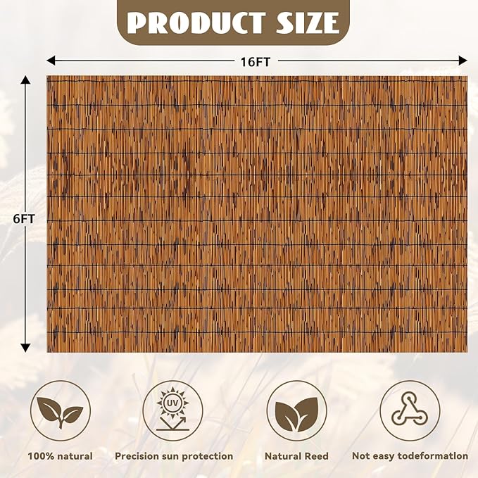 KOIUEYW Bamboo Reed Fencing, Light Russet Bamboo Fence Rolls 6 Feet High, Decorative Privacy Screen Reed Curtains for Patio Balcony Garden Backyard Outdoor, 6 x 16 FT