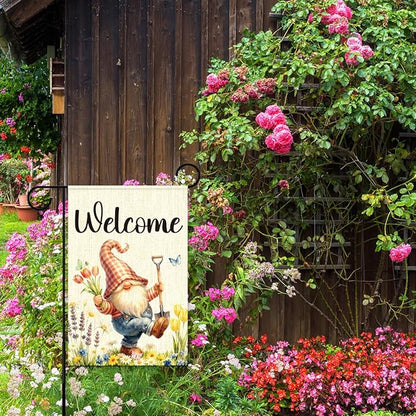 Gnome Spring Garden Flags for Outside,Welcome Spring Garden Flag Yard Lawn Porch Flags for Outdoor Decorations 12x18 Inch Double Sided