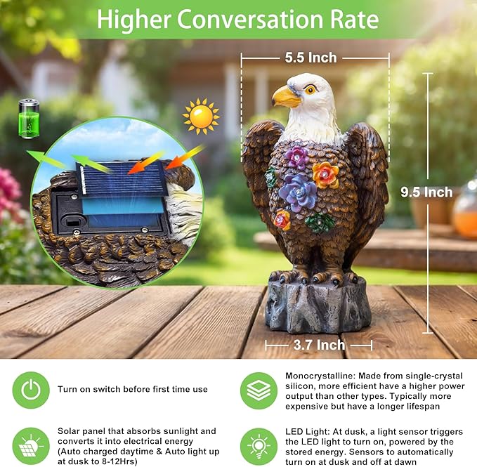 TAKE ME Gardening Gifts Outdoor Decor Eagle Solar Lights Garden Gifts for Eagle Lovers Birthday Gifts for Women Garden Decor Patio Yard Decor (Brown Eagle)