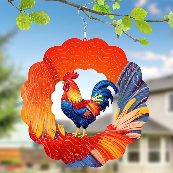 Rooster Metal Wind Spinner for Garden, Chicken Gifts for Women Men Mother Father, 12 Inch Hanging Wind Spinner for Outdoor & Indoor Decorations