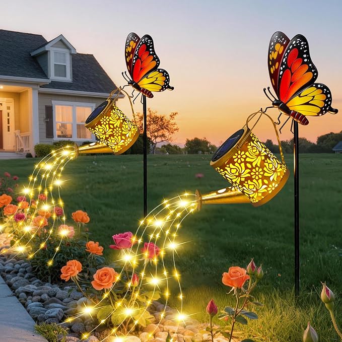 Solar Lights Garden Decor, Waterproof Solar Watering Can with Butterfly Garden Stakes, Outdoor Light with Cascading Lights for Yard Art Outside Patio Lawn Porch, Birthday Gift for Mom Women 2 Pack
