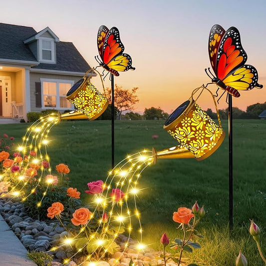 Solar Lights Garden Decor, Waterproof Solar Watering Can with Butterfly Garden Stakes, Outdoor Light with Cascading Lights for Yard Art Outside Patio Lawn Porch, Birthday Gift for Mom Women 2 Pack
