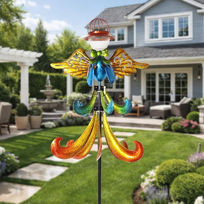 Yard Garden Wind Spinners - Large Outdoor Metal Wind Spinners with Stake, Yard Art Lawn Garden Decor Colorful Angel-Shaped Wind Vane (19.5" W x 79" H)