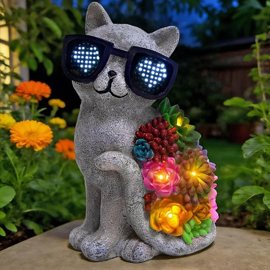 Solar Garden Statues Cat with Succulent and LED Lights Birthday Gifts for Women Mom Grandma Outdoor Decor for Patio Backyard Yard Lawn Decoration Unique Housewarming Gifts