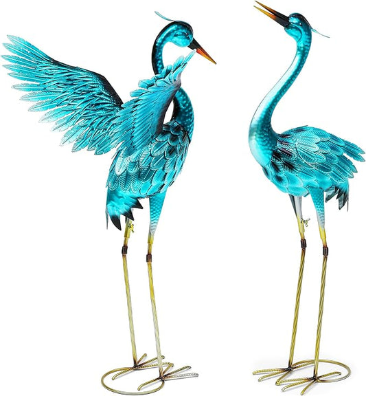 36.75in Metal Heron Garden Statue Handmade Oversize Crane Sculptures with Stable Ground Stakes, Backyard Decoration, Metal Garden Art