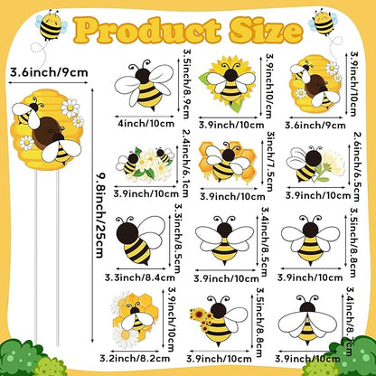 Bee Garden Stake Decor - 12 Pcs Yellow Working Bee Art Stick Floral Picks Garden Yard Metal Decorative Stake Sign Spring Summer Outdoor Backyard Pathway Lawn Plant Flower Pots Decoration