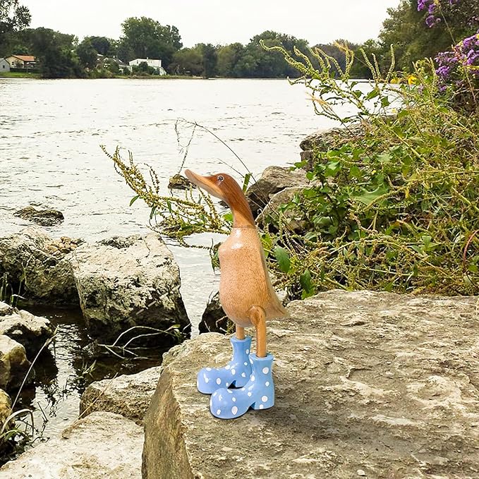 Wooden Crafted Duck Figurine with Spotty Wellies Funny Standing Duck Statues Decorative Resin Rain Boot Animal Sculpture Collectible Crafts Waterproof Garden Lawn Ornament (Blue, 5.9Inch)