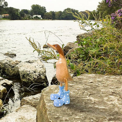 Wooden Crafted Duck Figurine with Spotty Wellies Funny Standing Duck Statues Decorative Resin Rain Boot Animal Sculpture Collectible Crafts Waterproof Garden Lawn Ornament (Blue, 5.9Inch)