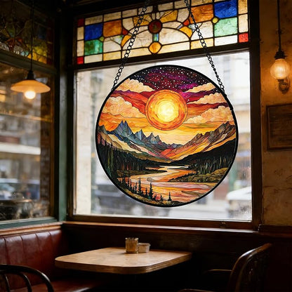 DASTOLL Stained Glass Window Hanging, Dusk Sunset Landscape Sun Catchers Glass Panel Lakes and Mountains Suncatcher Decor for Birthday for Women, Men, Wife, Aunt, and Mom 7.8 in
