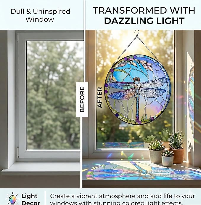 12 Inch Stained Glass Window Hanging, Large Dragonfly Suncatcher, Stained Glass Window Suncatcher, Dragonfly Home Wall Art Decor for Indoor/Outdoor, Hand Colorful Panel Sun Catcher, Gift for Mom