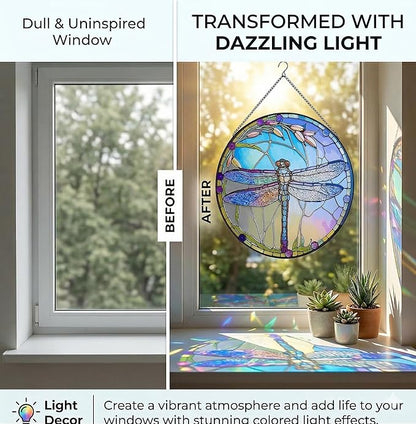 12 Inch Stained Glass Window Hanging, Large Dragonfly Suncatcher, Stained Glass Window Suncatcher, Dragonfly Home Wall Art Decor for Indoor/Outdoor, Hand Colorful Panel Sun Catcher, Gift for Mom