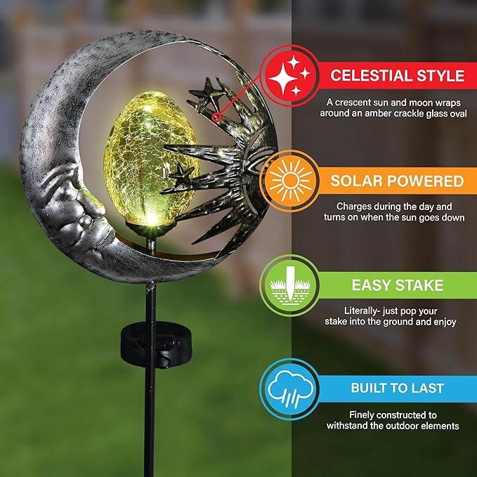 Exhart Garden Stake, Sun and Moon Solar Garden Sculpture, LED Amber Crackle Glass Orb, Silver Metal Outdoor Lawn Decor and Yard Art, 8.5 x 3 x 38 Inch