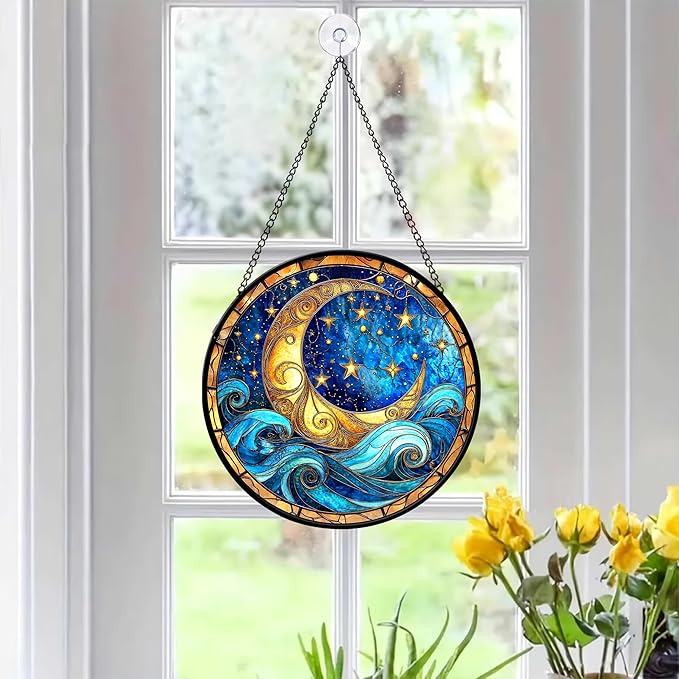 7.8" Night Sky Suncatcher Stained Glass Window Hanging Moonlight Sun Catchers Moon Star Ornament Wall Art Home Garden Kitchen Room Door Decor Birthday for Women Men Mom