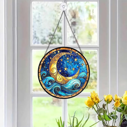 7.8" Night Sky Suncatcher Stained Glass Window Hanging Moonlight Sun Catchers Moon Star Ornament Wall Art Home Garden Kitchen Room Door Decor Birthday for Women Men Mom