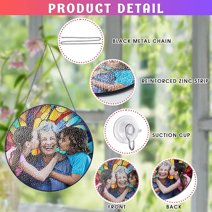 Personalized Grandma Stained Glass Suncatcher, Custom Stained Glass Window Hanging for Mom Picture, Customized Photo Gifts for Family Grandparents from Grandkids Grandchildren on Mothers Day Christmas