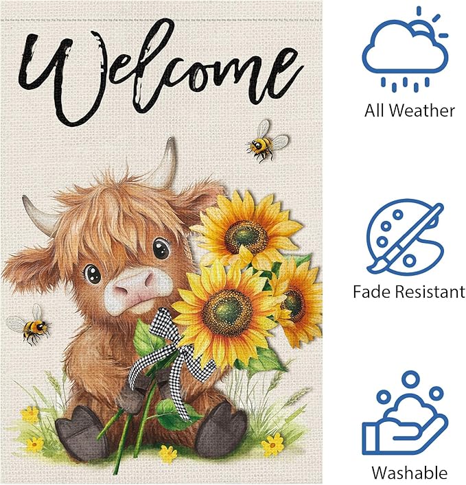 Heyfibro Welcome Summer Highland Cow Garden Flag 12x18 Double Sided Burlap Spring Flower Sunflower Bee Small Yard Banner for Rustic Seasonal Outside Outdoor House Decoration (ONLY FLAG)
