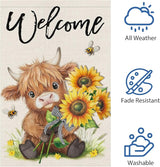 Heyfibro Welcome Summer Highland Cow Garden Flag 12x18 Double Sided Burlap Spring Flower Sunflower Bee Small Yard Banner for Rustic Seasonal Outside Outdoor House Decoration (ONLY FLAG)