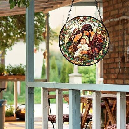 7.8 Inch Stained Glass Window Hanging Baby Jesus and The Holy Mother Mary Family Sun Catcher Indoor Window Door Wall Yard Home Decor Colorful Glass Panel Suncatcher Religious Christian Gifts for Women