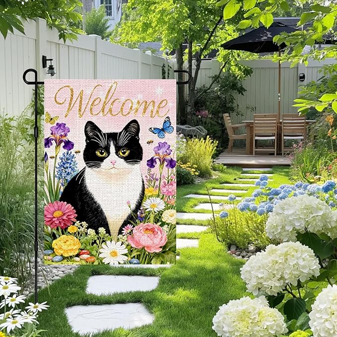 IVN Welcome Cat Spring Garden Flag 12x18 Inch Black White Kitty Watercolor Floral Garden Yard Flag Gold Glitter Welcome Butterflies Bees Daisies Iris Pink Flowers Double Sided Burlap Vertical Small House Flag Seasonal Outdoor Decoration for Front Door ...