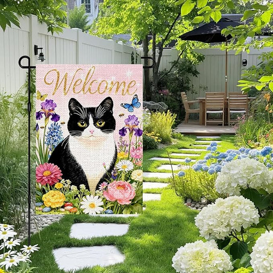 IVN Welcome Cat Spring Garden Flag 12x18 Inch Black White Kitty Watercolor Floral Garden Yard Flag Gold Glitter Welcome Butterflies Bees Daisies Iris Pink Flowers Double Sided Burlap Vertical Small House Flag Seasonal Outdoor Decoration for Front Door ...