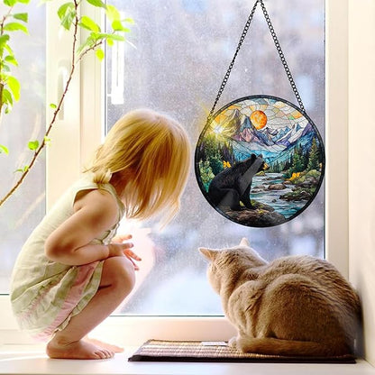 Bimkole Bear Stained Glass Suncatcher Window Hanging - Animal Tree Indoor Window or Doorway Decoration - Handmade Sun Catcher Decor for Garden Home Christmas & Birthday Gifts 7.87x7.87 inch