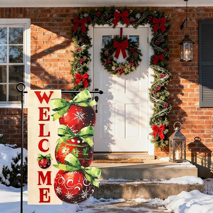 Christmas Garden Flags 12x18 Inch Double Sided, Xmas Ball Ornament Welcome Yard Flag for Outside, Winter Seasonal Outdoor Decoration Farmhouse Front Porch Holiday Decor
